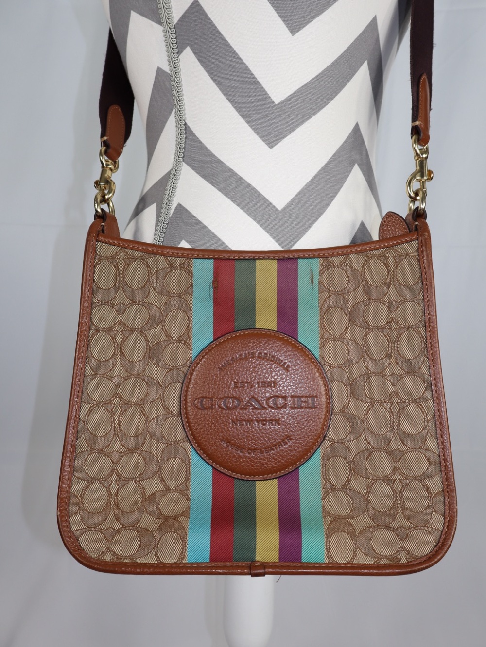 Coach Dempsey File Bag Signature Canvas Varsity Stripe Crossbody Brown CC144